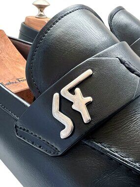 $995 Salvatore Ferragamo RIBEN Shoes Silver SF Bit Black Loafers US 13 UK 12 EE